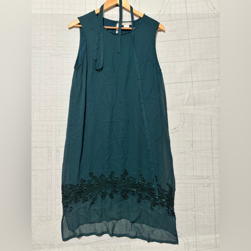 VTG Gold Hawk Viscose Beads & sparkling Sleeve Dress Sz L Green Romantic W Belt
